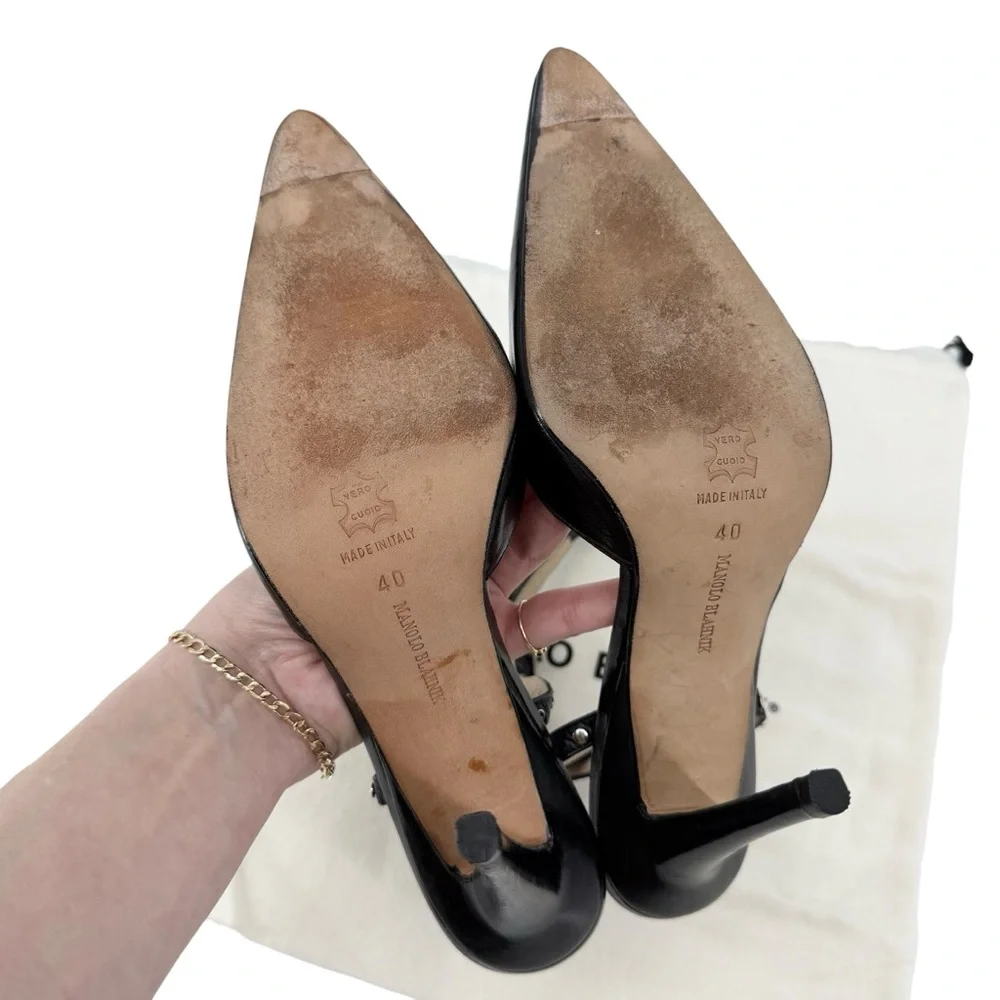 Manolo Blahnik Black Studded Slingback Heels 105mm Vintage Collectors Size 9.5